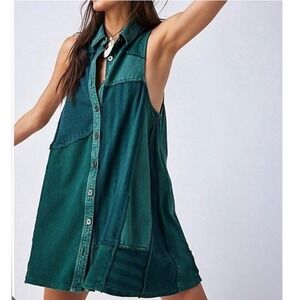 Free People Santana Patchwork Tunic Mini Dress Boho Green M